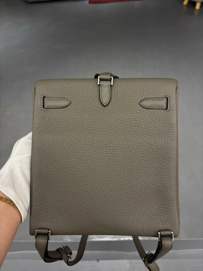 Hermès Kelly Ado Backpack Étain / Etain Clemence (TC) Leather with Palladium Hardware