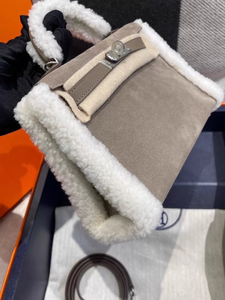 HERMÈS Mini Kelly 20 Teddy Etoupe Ecru Gris caillou Grizzly Swift Mouton Palladium hardware