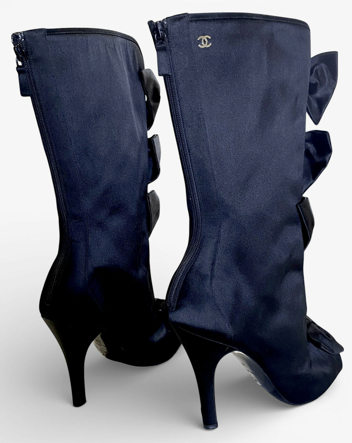 Chanel 09P Black Satin CC Bow Mid Calf Peep Toe Booties Ankle Boot Heels