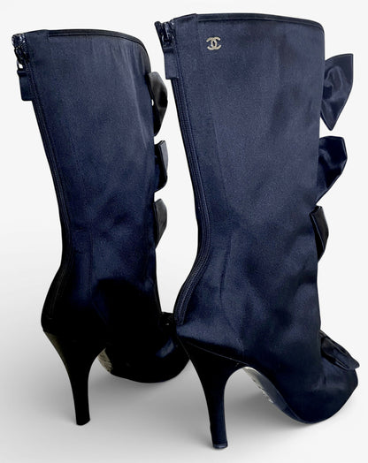 Chanel 09P Black Satin CC Bow Mid Calf Peep Toe Booties Ankle Boot Heels