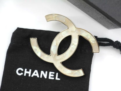 Chanel Vintage B11A Mother-of-Pearl Large CC Matte Gold Brooch