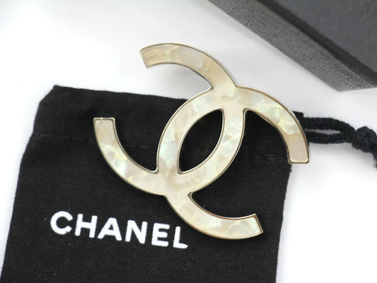 Chanel Vintage B11A Mother-of-Pearl Large CC Matte Gold Brooch