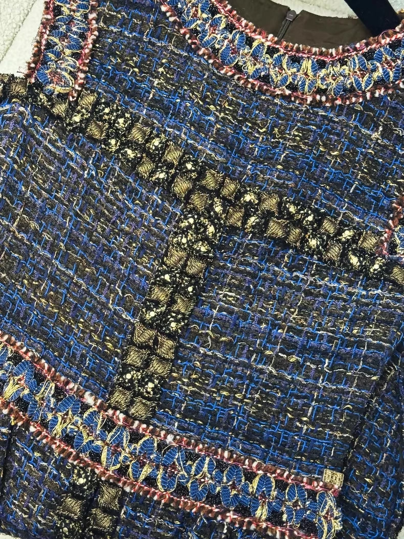 Chanel 11A Byzantine Collection deep blue jewel-embellished gold-threaded tweed dress