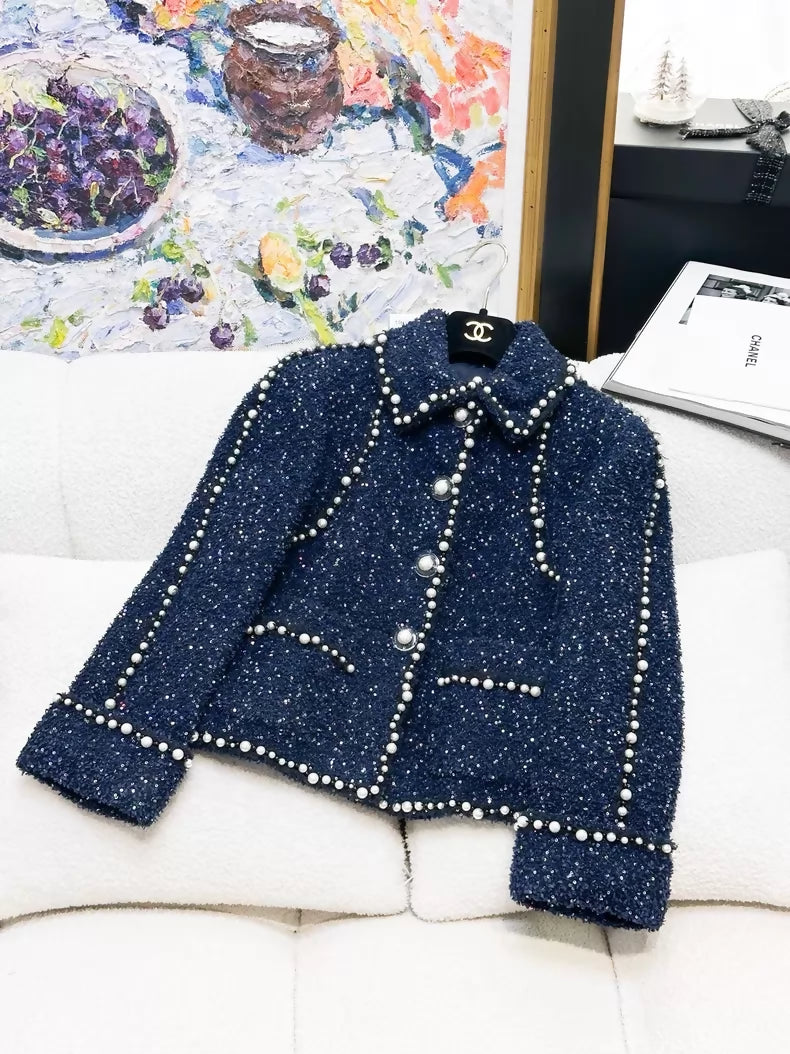 Chanel 17k navy blue sequined and pearl-trimmed tweed jacket