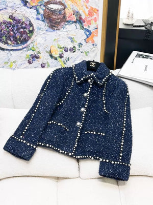 Chanel 17k navy blue sequined and pearl-trimmed tweed jacket