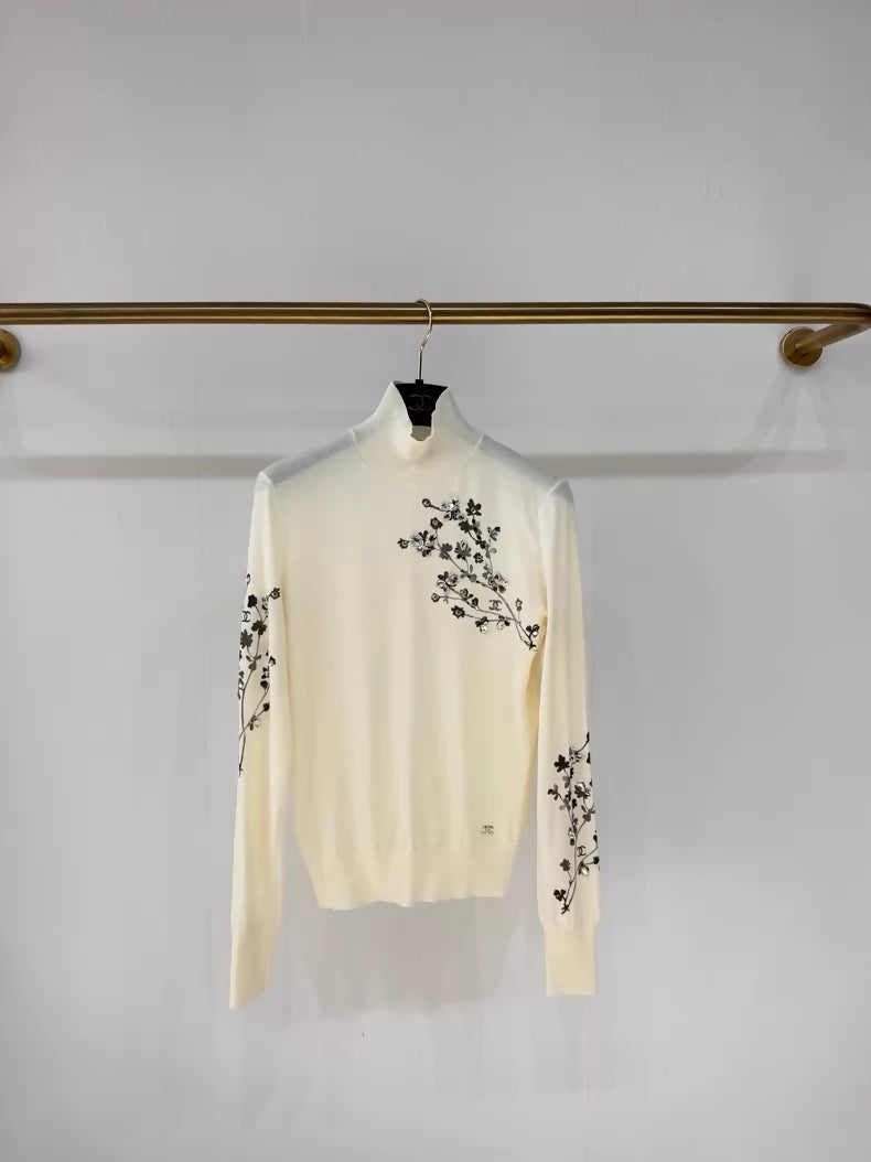 Chanel 22K ecru beaded camellia wool turtleneck top