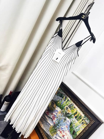 Chanel 26M black and white striped V-neck dress