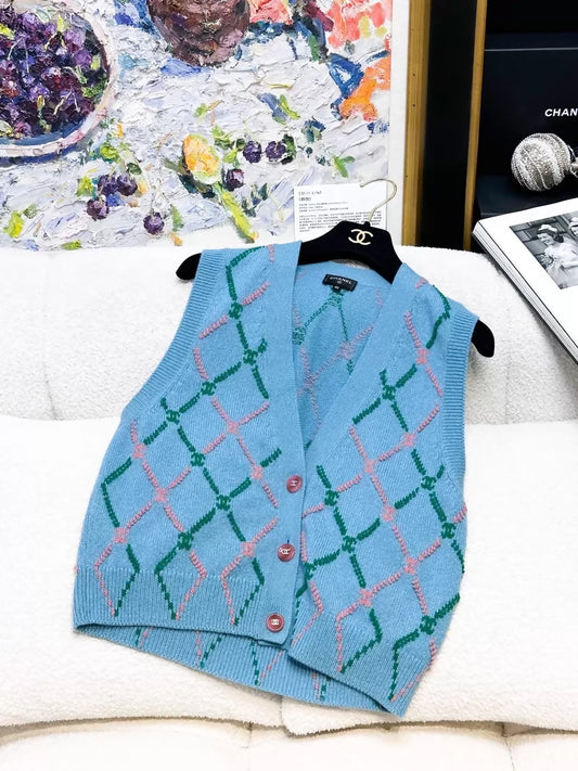 Chanel 24A blue quilted cashmere cardigan
