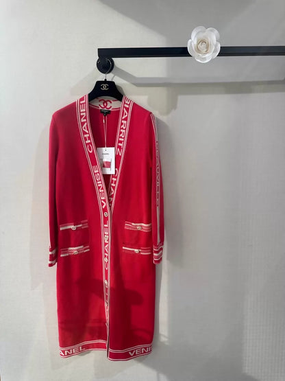 Chanel 19p red and white embroidered long cardigan,