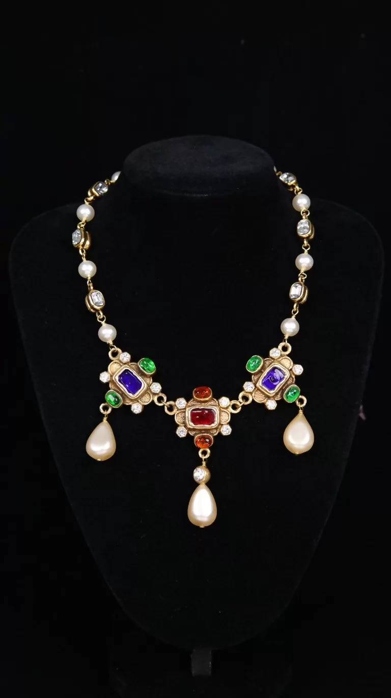 Chanel Red and Green Glass Pearl Pendant Necklace