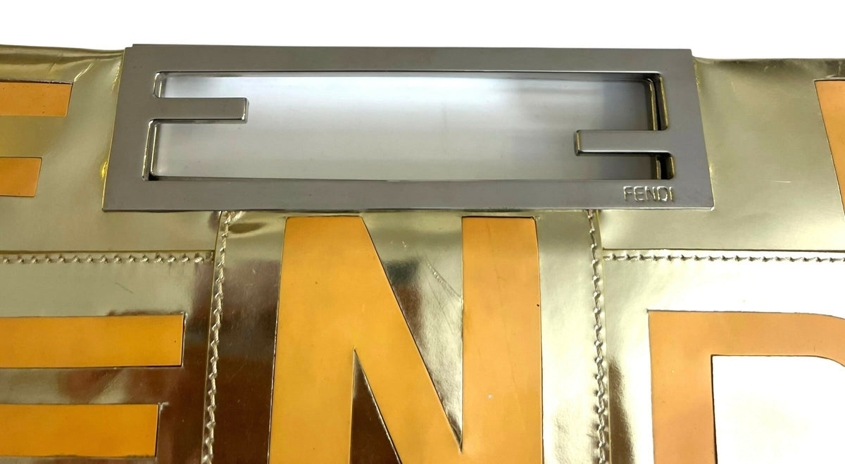 Rare Vintage Fendi 2007 Limited Edition Metallic Gold Patent Leather Crossword Clutch Bag