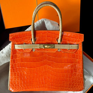 Hermès Birkin 30 Verso Orange H & Gris Tourterelle Shiny Crocodile with Gold Hardware