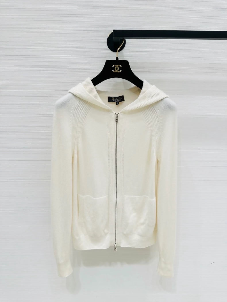 Loro Piana ecru classic knitted hooded cashmere cardigan