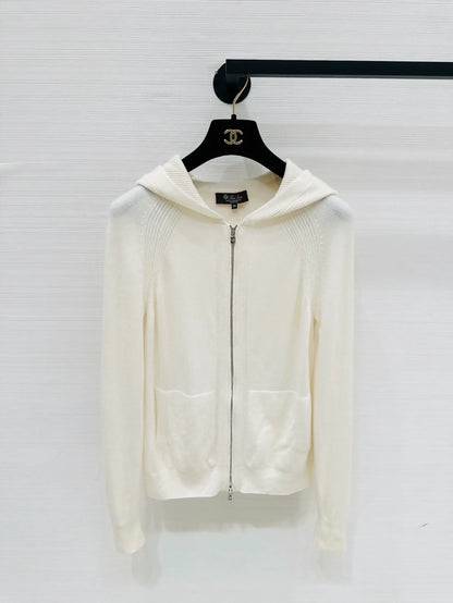 Loro Piana ecru classic knitted hooded cashmere cardigan