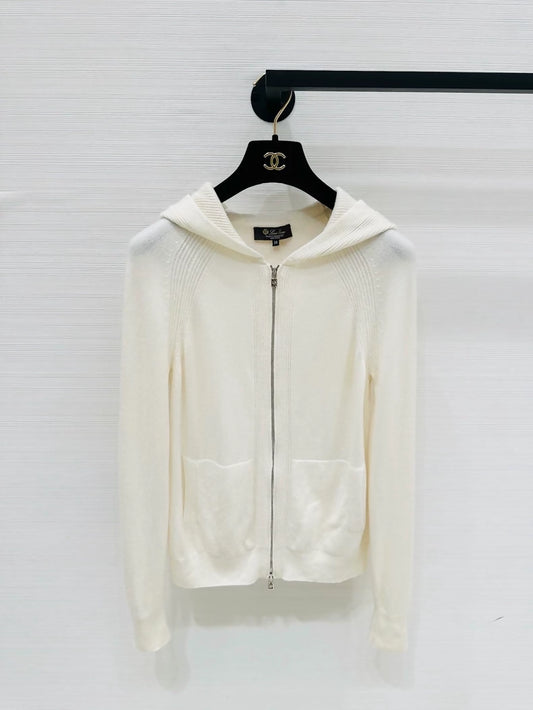 Loro Piana ecru classic knitted hooded cashmere cardigan