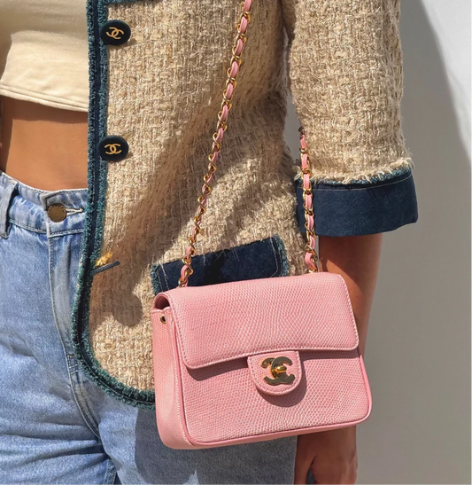 Chanel Vintage 1991 Sakura Pink Lizard Mini Square Flap Bag