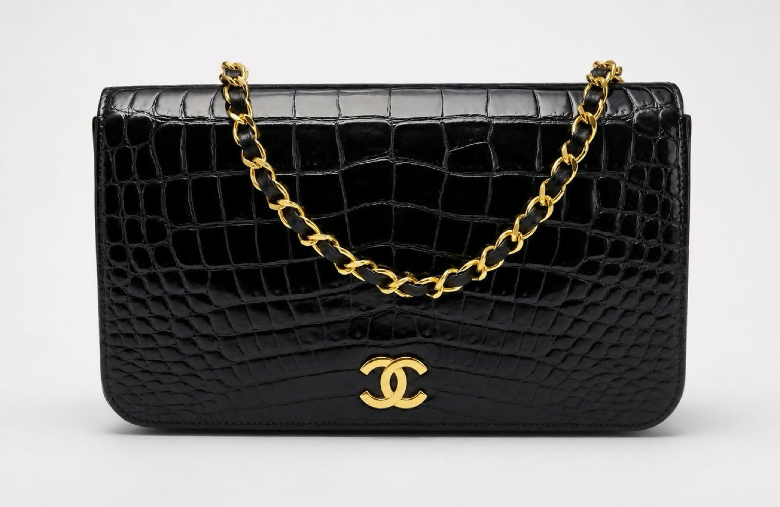 ULTRA RARE Vintage 1984 Chanel Black Crocodile Flap Bag 24K Gold