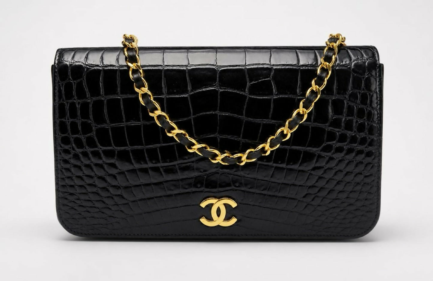 ULTRA RARE Vintage 1984 Chanel Black Crocodile Flap Bag 24K Gold Hardware
