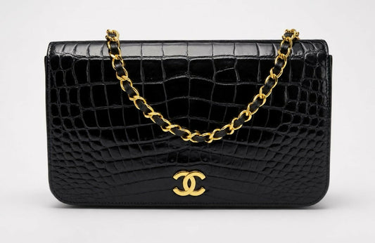 ULTRA RARE Vintage 1984 Chanel Black Crocodile Flap Bag 24K Gold Hardware