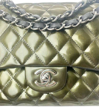 Chanel Medium Double Flap Green Straited Patent Leather Timeless Classic Bag SHW