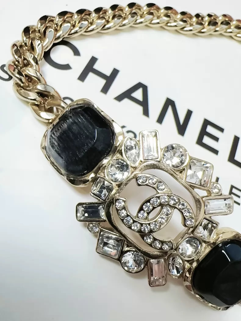 Chanel 23P full rhinestone double C enamel choker necklace
