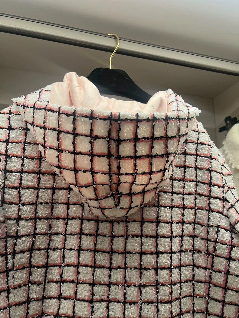 Chanel 24S pink/ecru tweed hooded jacket