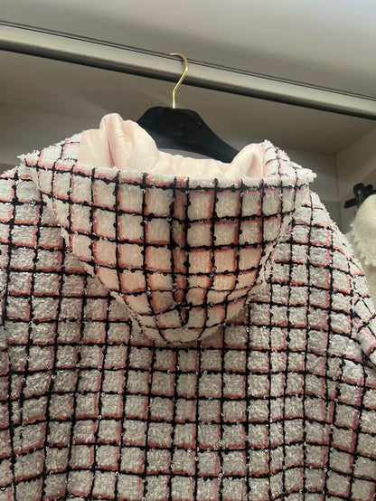 Chanel 24S pink/ecru tweed hooded jacket