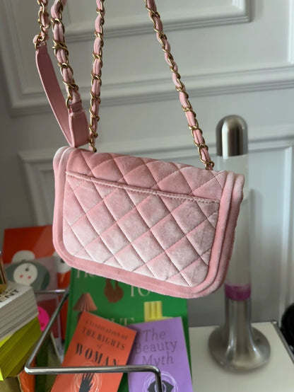 Chanel 22c Peach Pink Velvet Mini Flap Bag