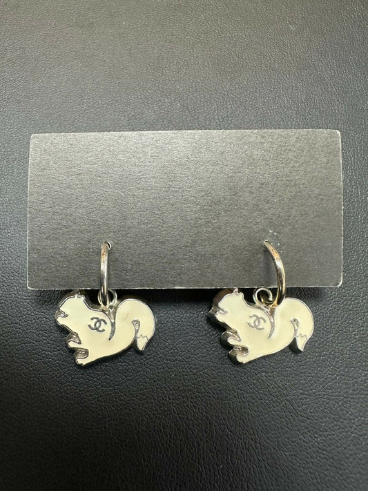 Chanel Vintage 03P & 05A Enamel White Squirrel Hoop Earrings