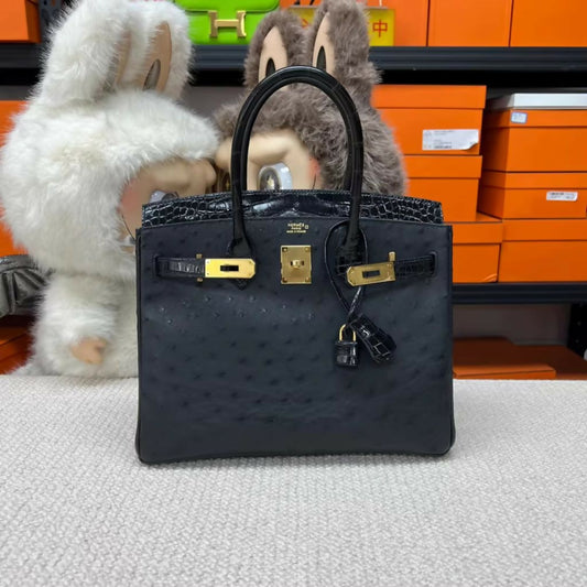 Hermès Birkin 30 – Black & Gold Ostrich and Shiny Crocodile