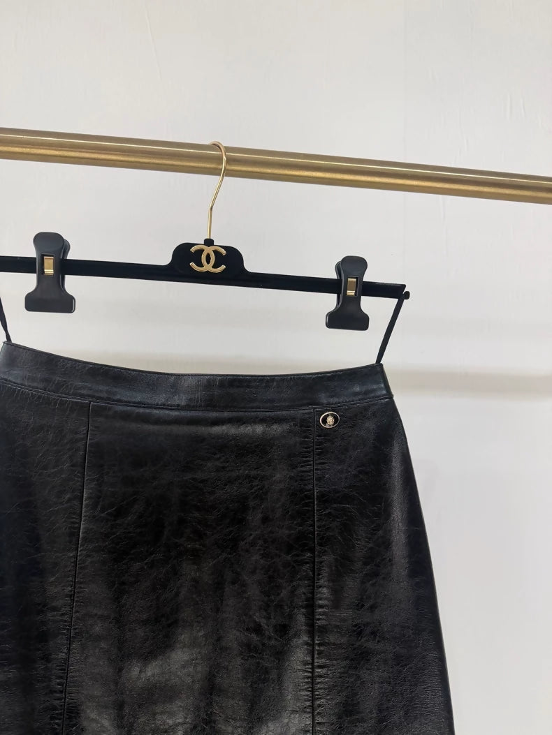 Chanel 24A black Leather Midi Skirt