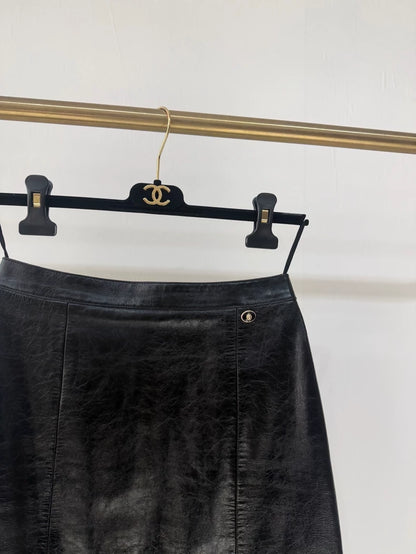 Chanel 24A black Leather Midi Skirt