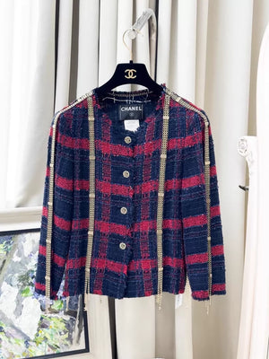 Chanel 08S blue and red tweed jacket with gold chain
