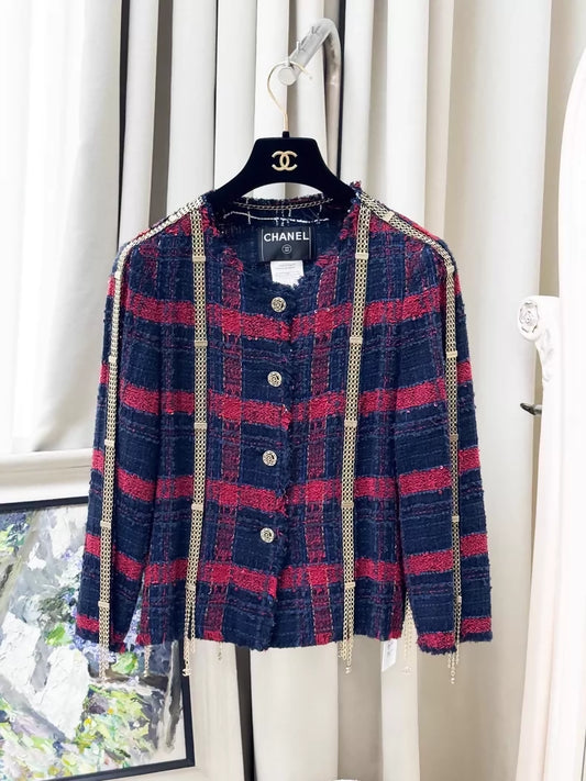 Chanel 08S blue and red tweed jacket with gold chain