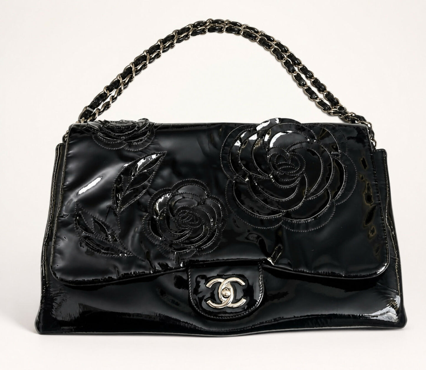 Chanel 10A Paris-Shanghai Jumbo Black Patent Leather Camellia Petals Accordion Flap Bag SHW