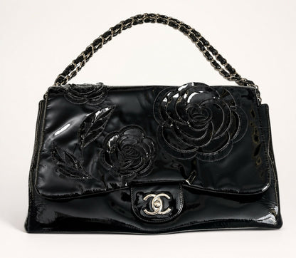 Chanel 10A Paris-Shanghai Jumbo Black Patent Leather Camellia Petals Accordion Flap Bag SHW