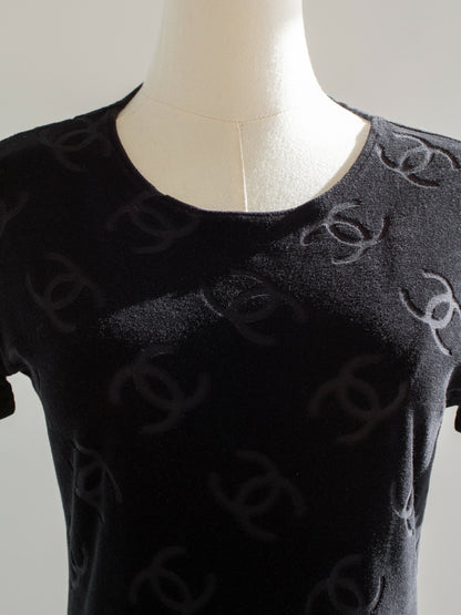 chanel vintage spring 1996 black logo cc velour 96p mini dress 5