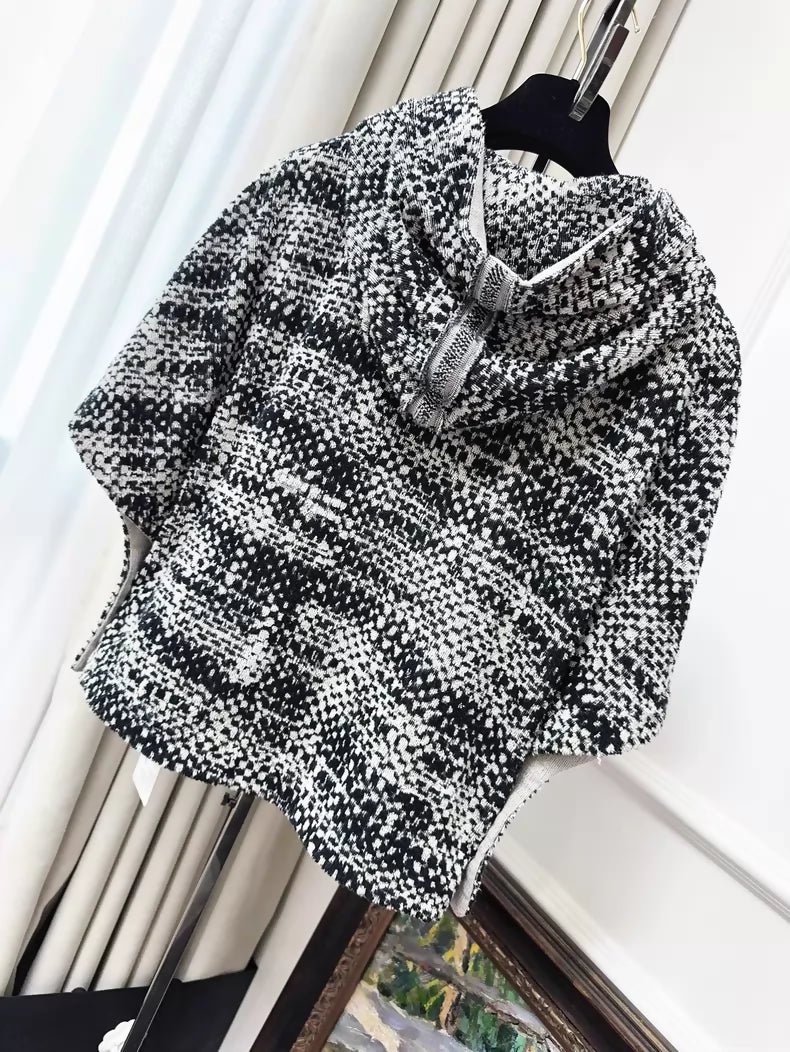 Chanel black and white check knit hooded jacket with gold buttons