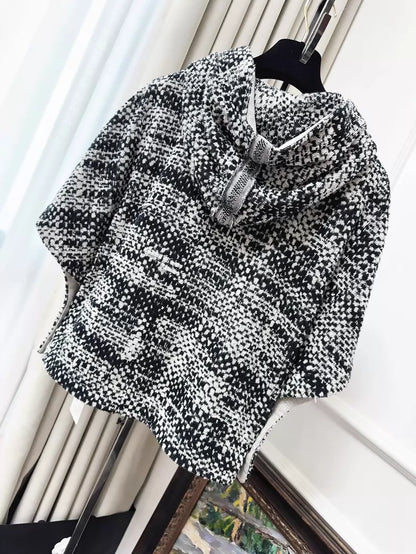 Chanel black and white check knit hooded jacket with gold buttons