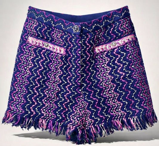 Chanel 21P Tweed Knit Multicolor Fringe Shorts FR 36