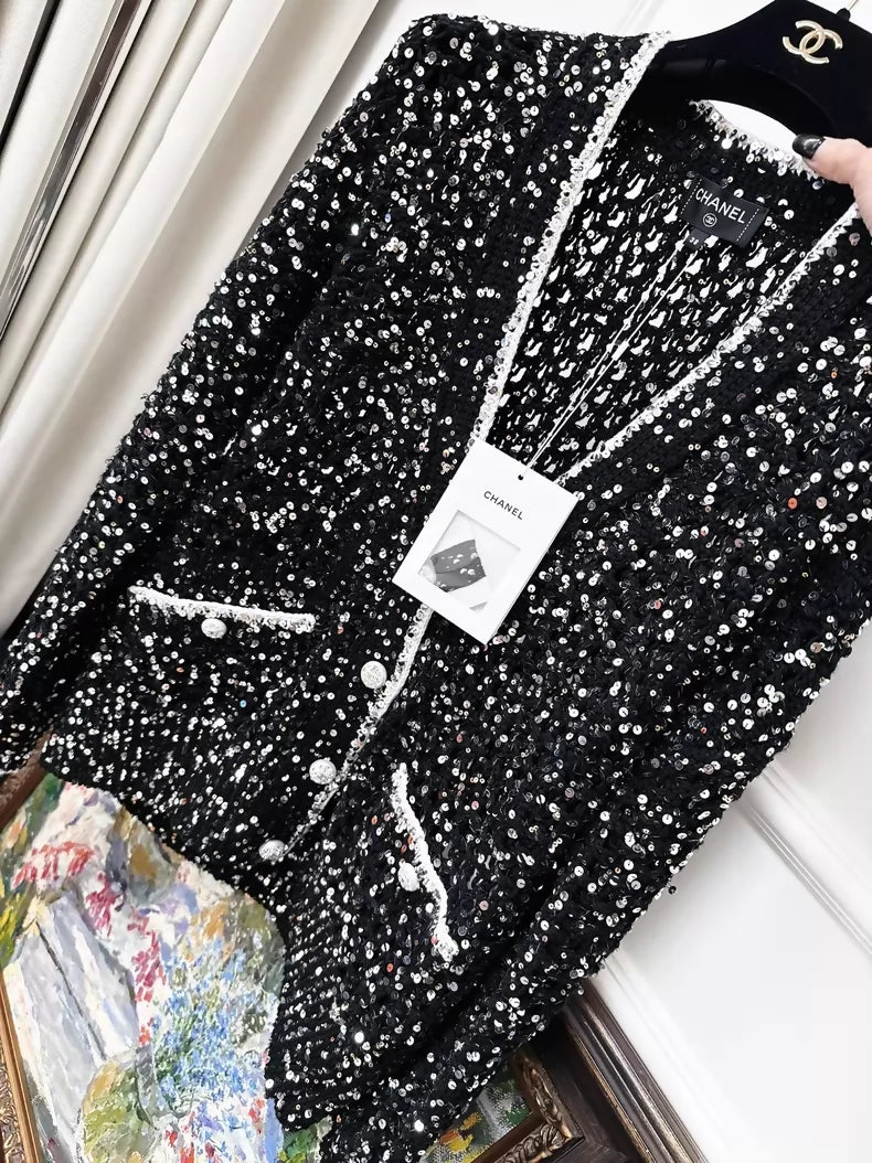 Chanel 23S black sequined knit cardigan with white piping