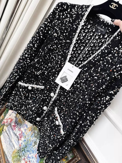 Chanel 23S black sequined knit cardigan with white piping