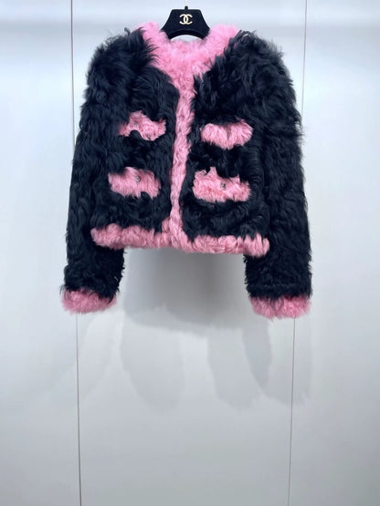 Chanel 21K black & pink shearling fur jacket