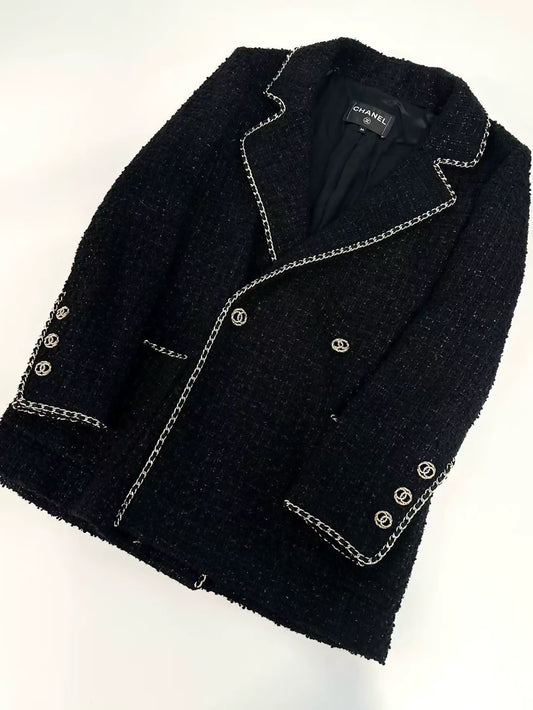 Chanel 23B black tweed jacket with gold chain