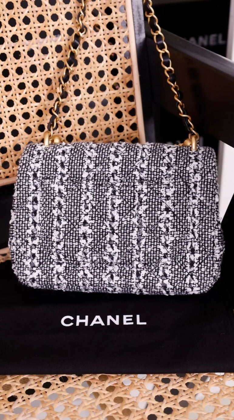 Chanel 24P black and white striped tweed leather chain CF square flap bag