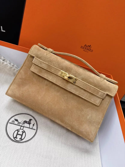 Hermes Kelly pochette suede Doblis gold hardware