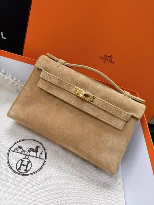 Hermes Kelly pochette suede Doblis gold hardware