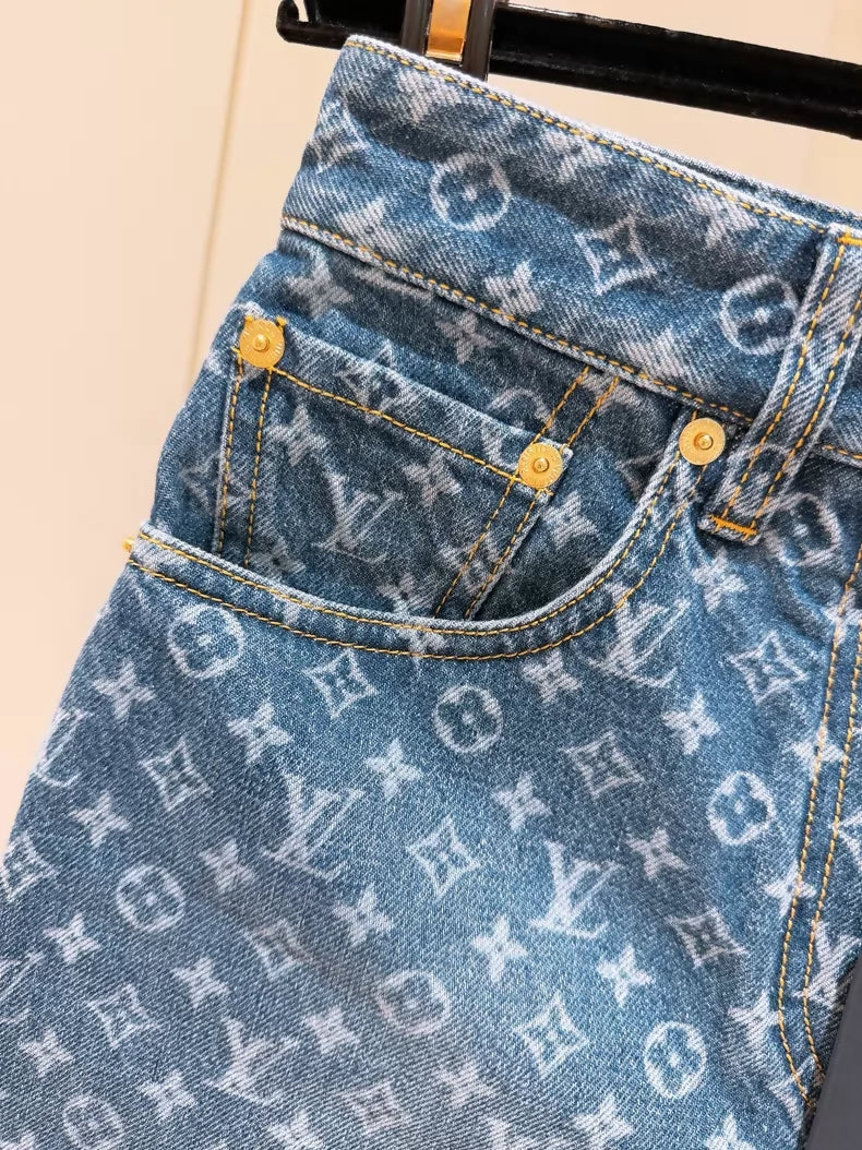 Louis Vuitton LV monogram logo print denim shorts