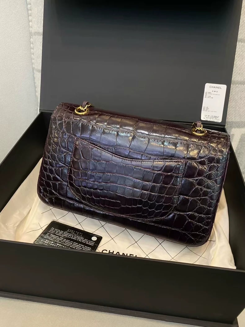Chanel purplish-brown shiny crocodile leather with gold hardware CF medium size flap bag