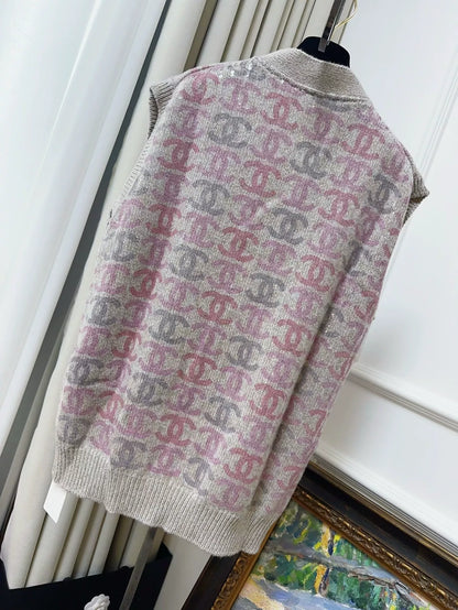 Chanel 22k gray and pink all-over double C logo sequin knitted cashmere cardigan